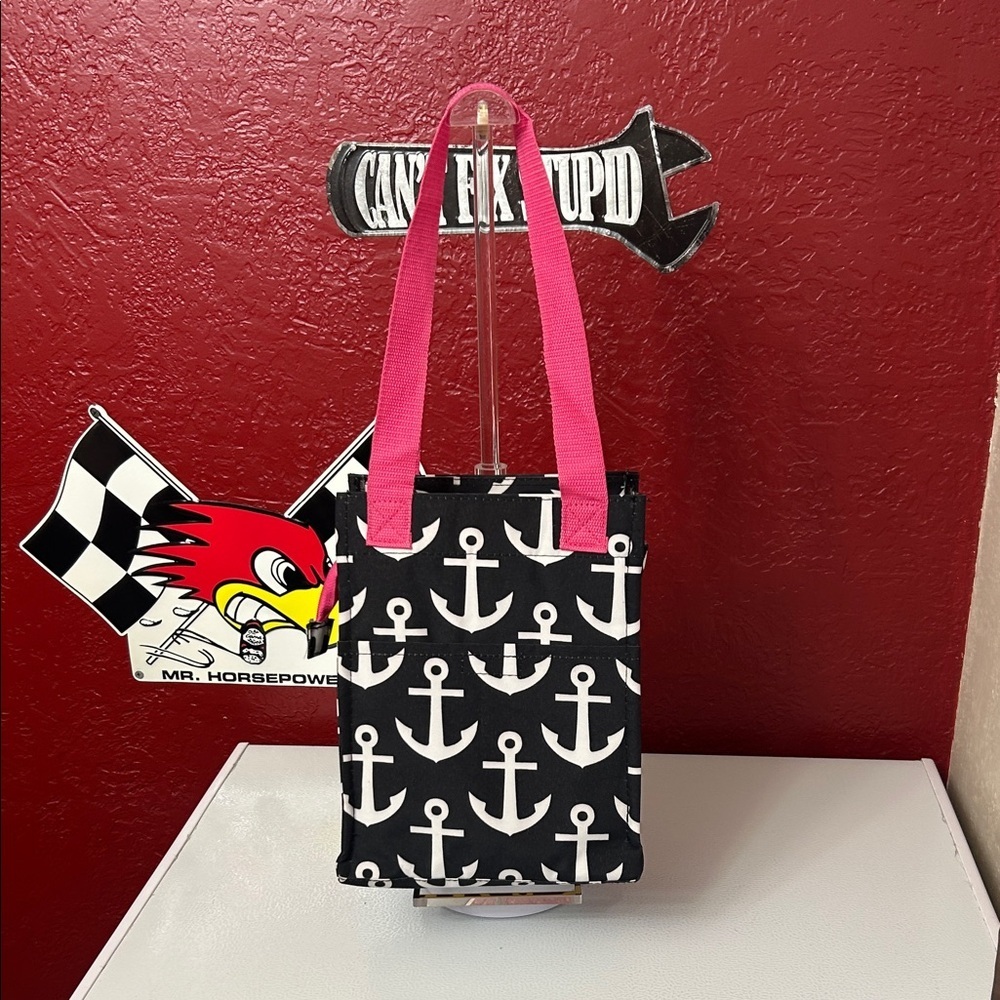 Black and White Anchor lunch Tote with Pink Handles